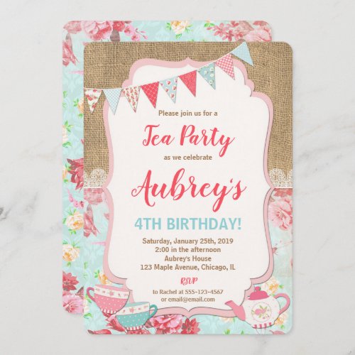 Tea party birthday invitation girl shabby chic