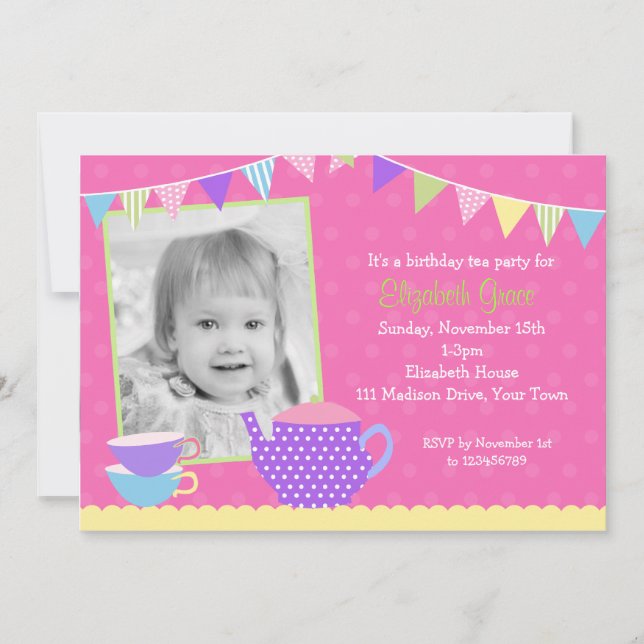 Tea Party Birthday Invitations with photo (Front)