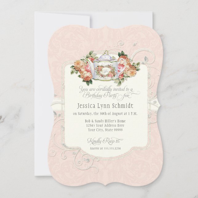 Tea Party Birthday Party Watercolor Elegant Roses Invitation (Front)