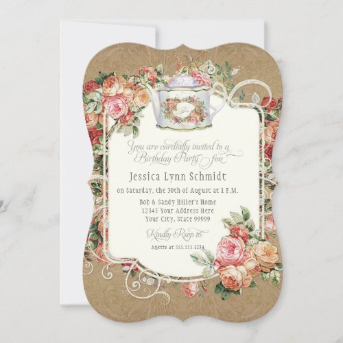 Tea Party Birthday Party Watercolor Gold Floral Invitation