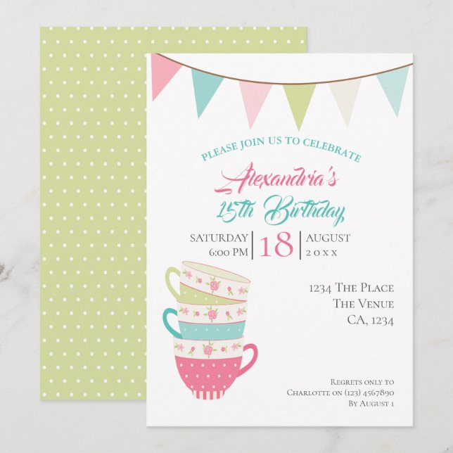 Tea Party Birthday Personalized Colorful Invitation (Front/Back)