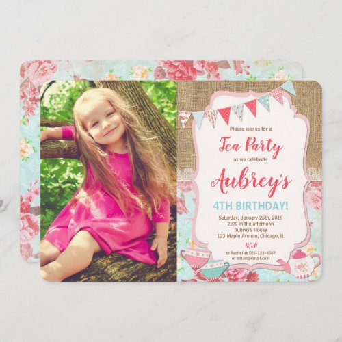 Tea party birthday photo shabby chic burlap girl invitation