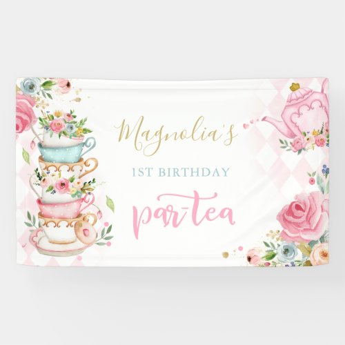 Tea Party Birthday Pink Floral Par_tea Welcome Banner
