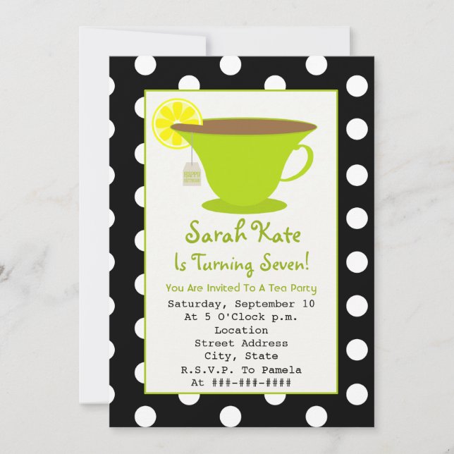 Tea Party Birthday - Polka Dot & Green Invitation (Front)