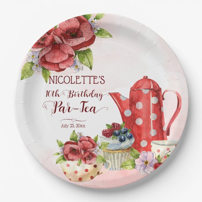 Tea party birthday polka dot tea pot personalized paper plates (Front)