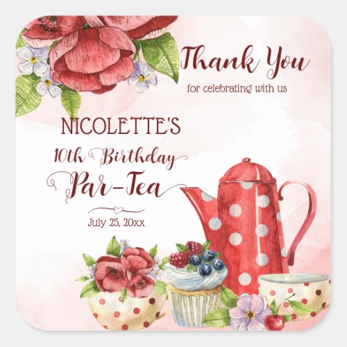 Tea party birthday polka dot tea pot personalized square sticker