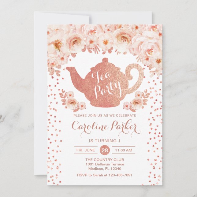 Tea Party Birthday - Rose Gold White Pink Floral Invitation (Front)