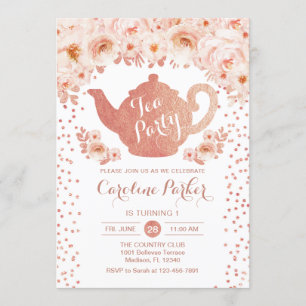 Tea Party Birthday - Rose Gold White Pink Floral Invitation