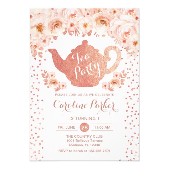 Tea Party Birthday Rose Gold White Pink Floral Invitation