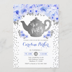 Tea Party Birthday - Silver White Blue Floral Invitation
