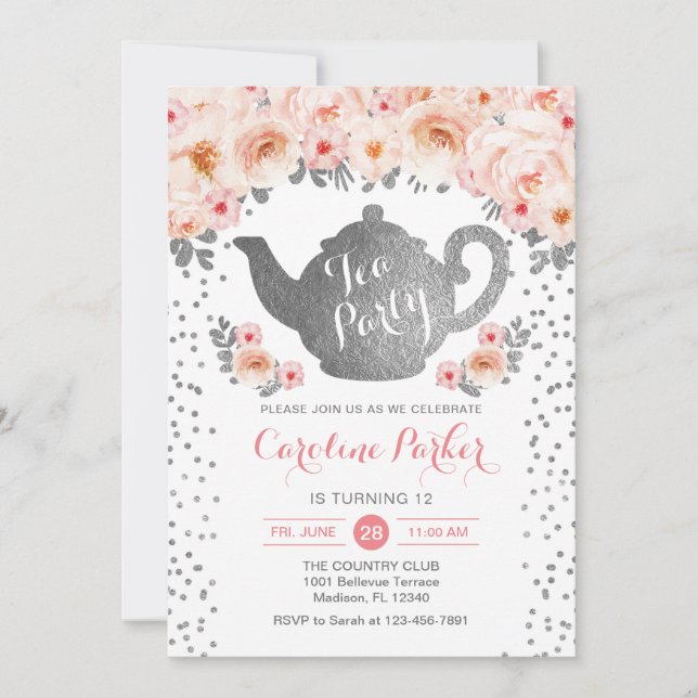 Tea Party Birthday - Silver White Pink Invitation (Front)