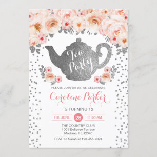 Tea Party Birthday - Silver White Pink Invitation