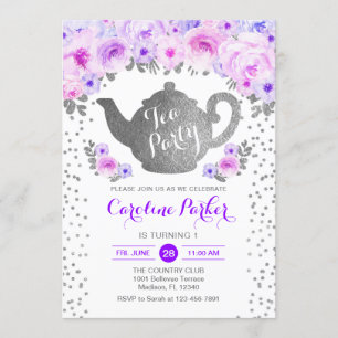 Tea Party Birthday - Silver White Purple Floral Invitation