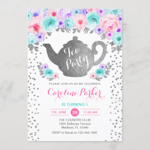 Tea Party Birthday - Silver White Teal Pink Purple Invitation