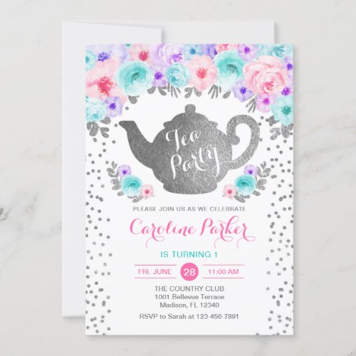 Tea Party Birthday _ Silver White Teal Pink Purple Invitation