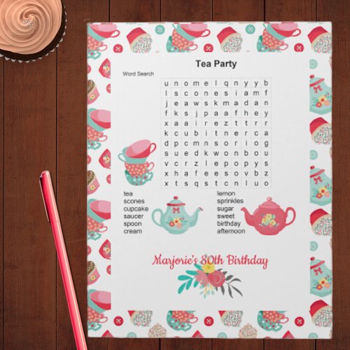 Tea Party Birthday Word Search Notepad