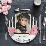 Tea party black white stripes photo paper plates<br><div class="desc">Elegant,   glamorous,  vintage feminine style for a Tea Party. Classic and chic slim black and white vertical stripes.  Decorated with pink flowers,  peonies and roses. Templates for a name. With the text: Tea Party. Template for your own vertical sized photo. Perfect for birthday's,  a bridal shower or baby shower.</div>