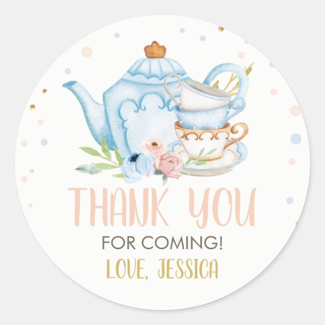Tea Party Blue Baby Shower Favor Brewing Floral Cl Classic Round Sticker (Front)