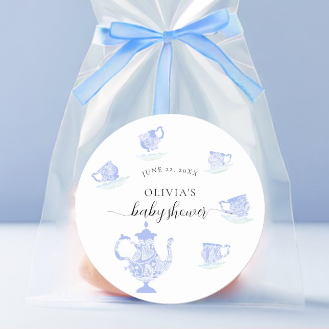 Tea Party Blue China White Lace Boy Baby Shower Classic Round Sticker (Creator Uploaded)