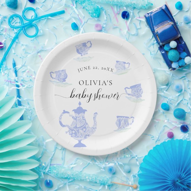 Tea Party Blue China White Lace Boy Baby Shower Paper Plates (Party)