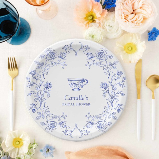Tea Party Blue Floral Bridal Shower Paper Plates (Blue Tea Party Bridal Shower Paper Plates)
