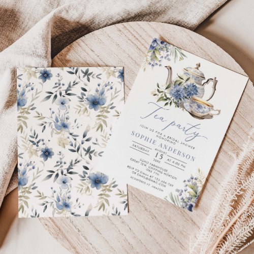 Tea Party Blue Floral Watercolor Bridal Shower Invitation