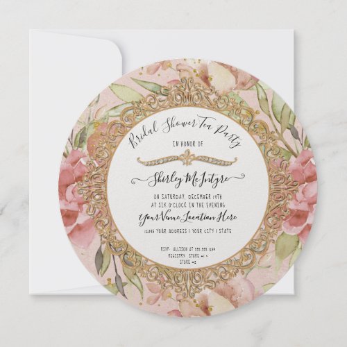Tea Party Blush Pink Floral Gold Bridal Shower Invitation