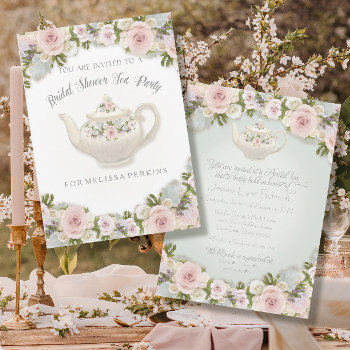 Tea Party Blush Rose Succulent Leaf Bridal Shower Invitation by VintageWeddings at Zazzle
