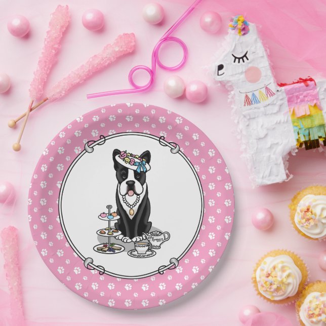Tea Party Boston Terrier Dog (black) Cute Paper Plates (Party)