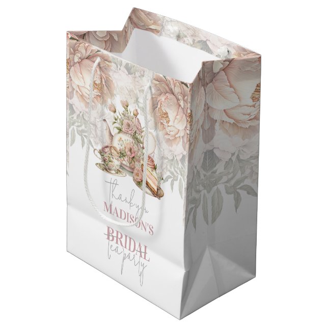 Tea Party Bridal Floral Personalized Medium Gift Bag (Front Angled)