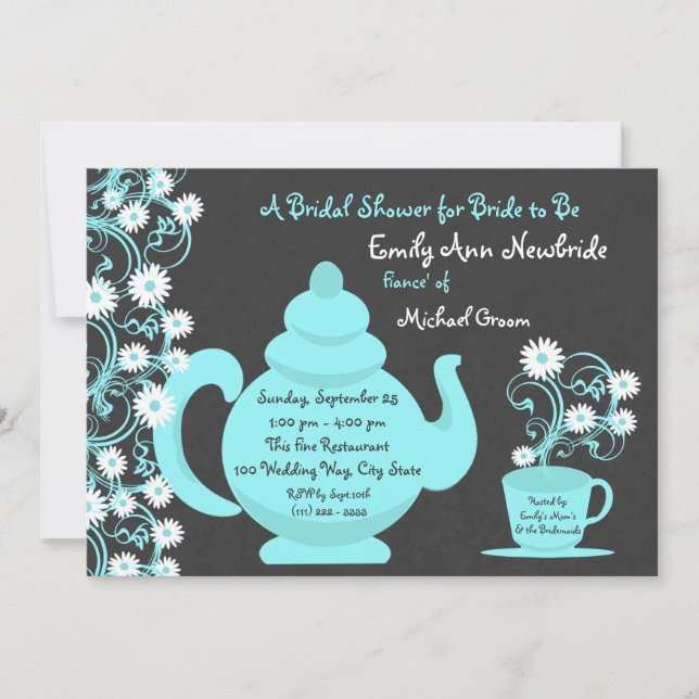 Tea Party Bridal Shower Aqua and Slate Invitation (Front)