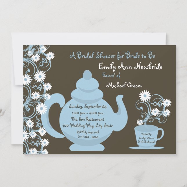 Tea Party Bridal Shower Blue and Brown Invitation (Front)