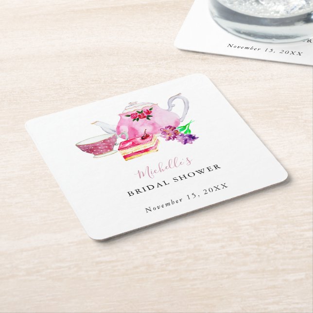 Tea Party Bridal Shower Blush Dusty Rose Teapot  Square Paper Coaster (Angled)