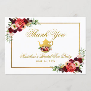 Tea Party Bridal Shower Burgundy Boho Thanks Thank You Card