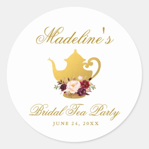 Tea Party Bridal Shower Burgundy Floral Small Classic Round Sticker