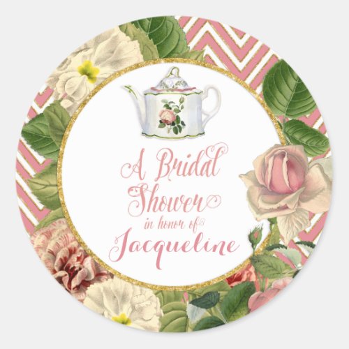 Tea Party Bridal Shower Chevron Stripes Rose Classic Round Sticker