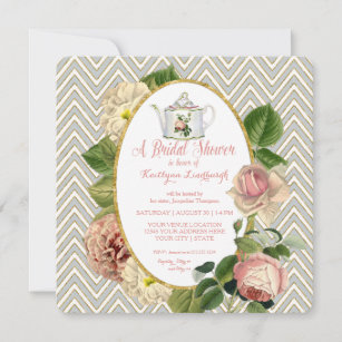 Tea Party Bridal Shower Chevron Stripes Rose Invitation