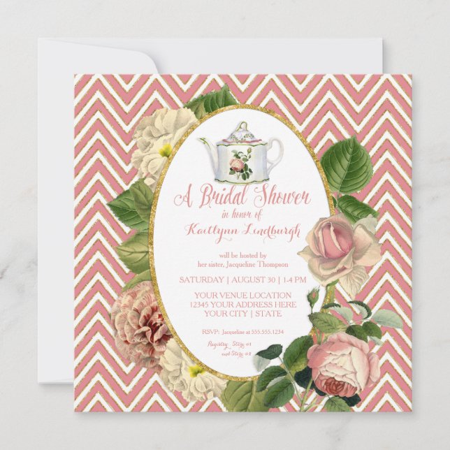 Tea Party Bridal Shower Chevron Stripes Rose Invitation (Front)