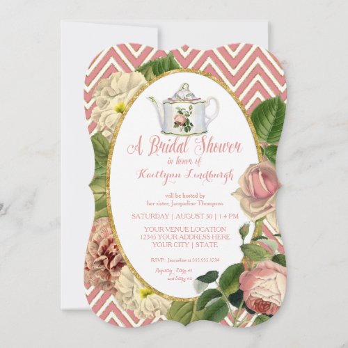 Tea Party Bridal Shower Chevron Stripes Rose Invitation