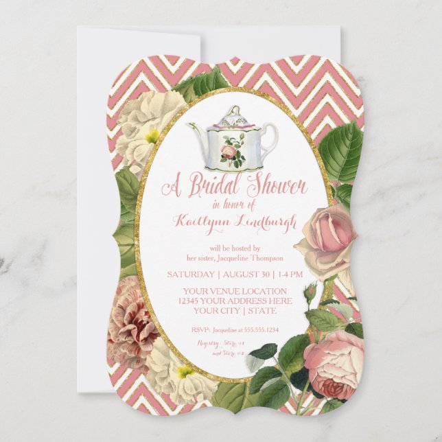 Tea Party Bridal Shower Chevron Stripes Rose Invitation (Front)