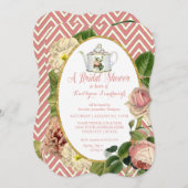 Tea Party Bridal Shower Chevron Stripes Rose Invitation (Front/Back)