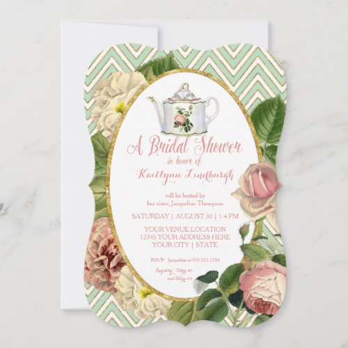 Tea Party Bridal Shower Chevron Stripes Rose Invitation