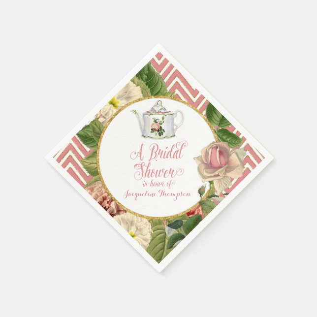 Tea Party Bridal Shower Chevron Stripes Rose Paper Napkins (Corner)