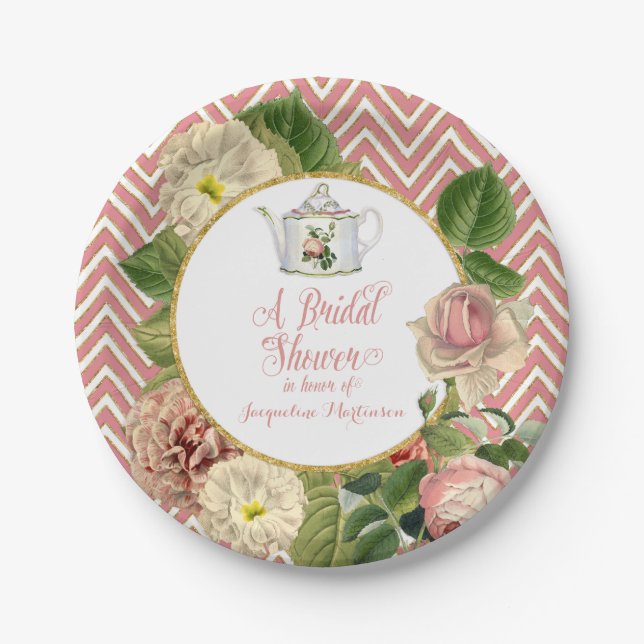 Tea Party Bridal Shower Chevron Stripes Rose Paper Plates (Front)