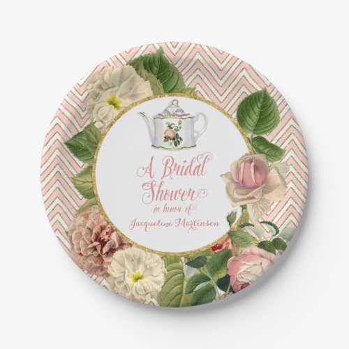 Tea Party Bridal Shower Chevron Stripes Rose Paper Plates