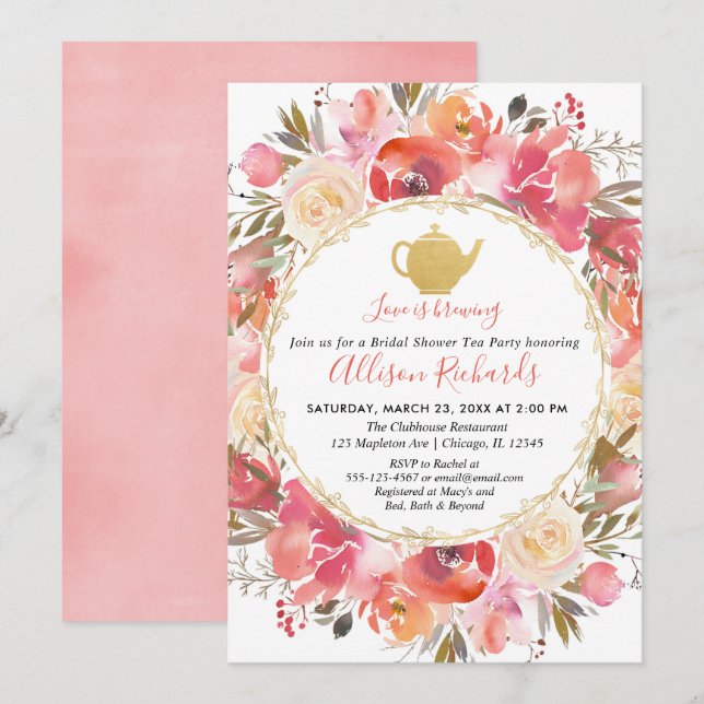 Tea party bridal shower coral blush pink gold invitation (Front/Back)