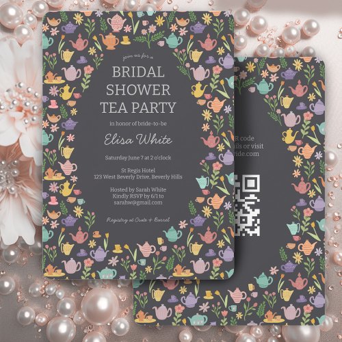 Tea Party Bridal Shower Cute CUSTOM QR Code Invitation