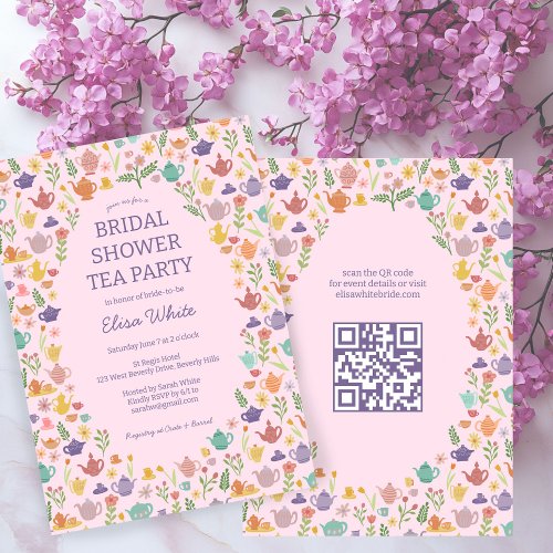 Tea Party Bridal Shower Cute CUSTOM QR Code Invitation