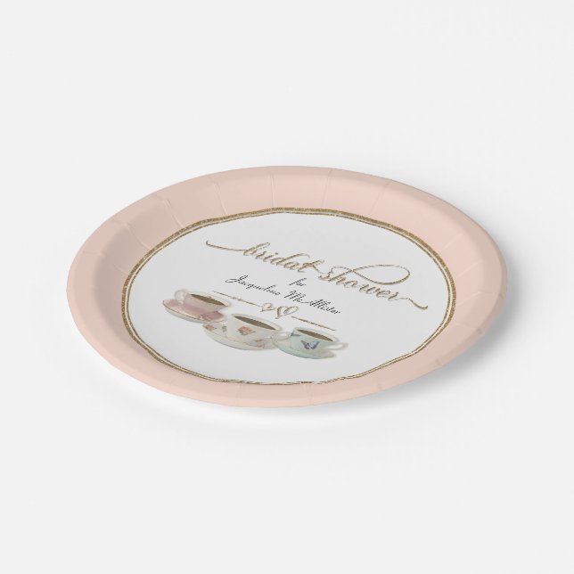 Tea Party Bridal Shower Decor Tea Cups Script Text Paper Plates (Angled)