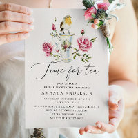 Tea Party Bridal Shower. Elegant Pink Roses & Bird